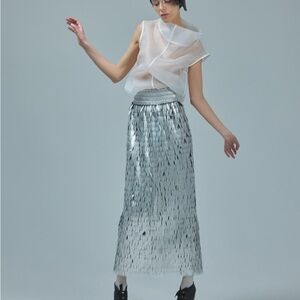 Julia Allert Party Straight Maxi Sequin Skirt Silver